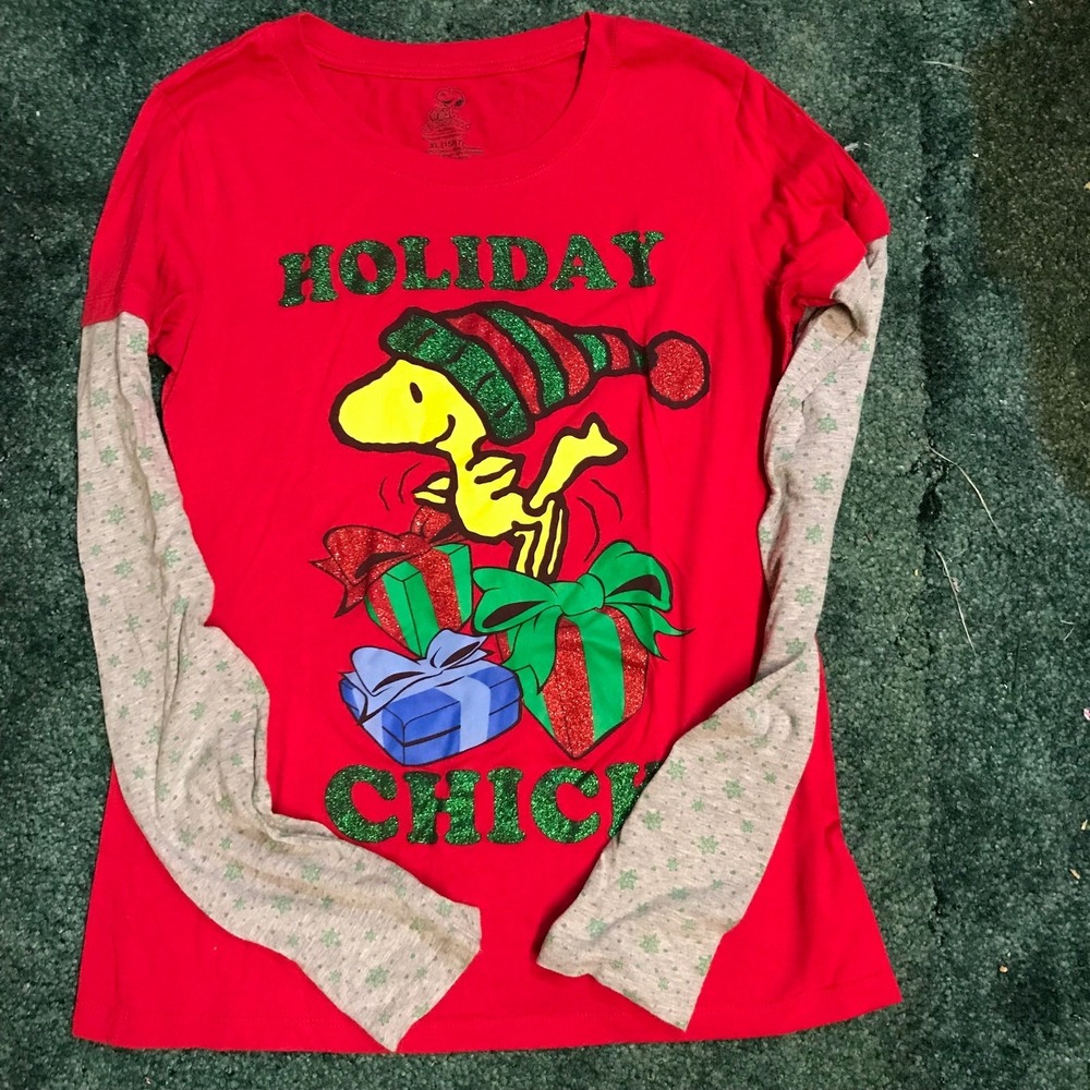 Peanuts Woodstock T Shirt Red Holiday Chick Glitter Graphic Layered Sleeve XL